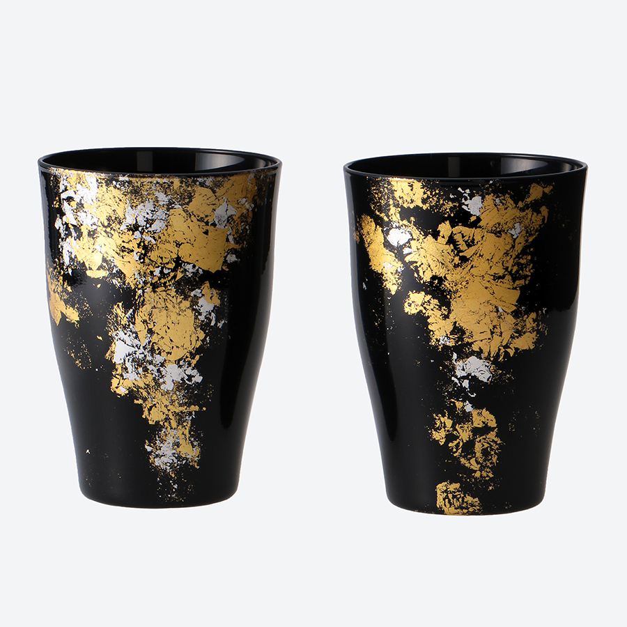 <塗り工房ふじい>グラスA370 2P・古代塗り金箔漆黒