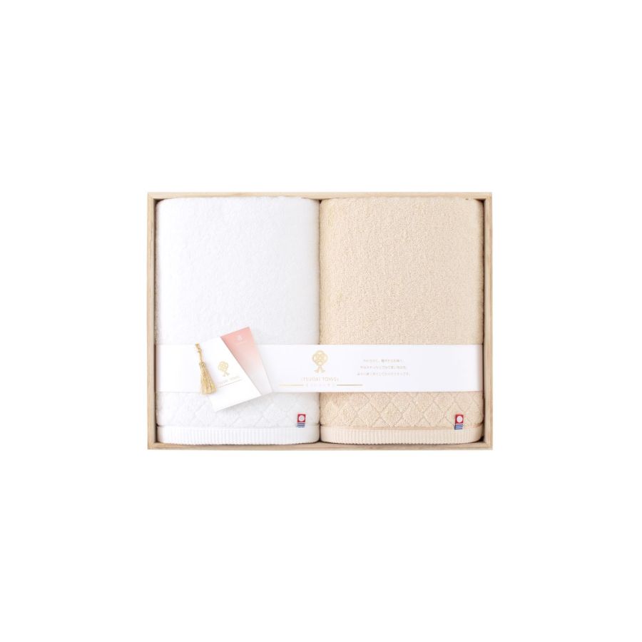 ＜逸織タオル　遥＞バスタオル2枚/ホワイト・ベージュ（箱入り）（今治タオルブランド認定製品）