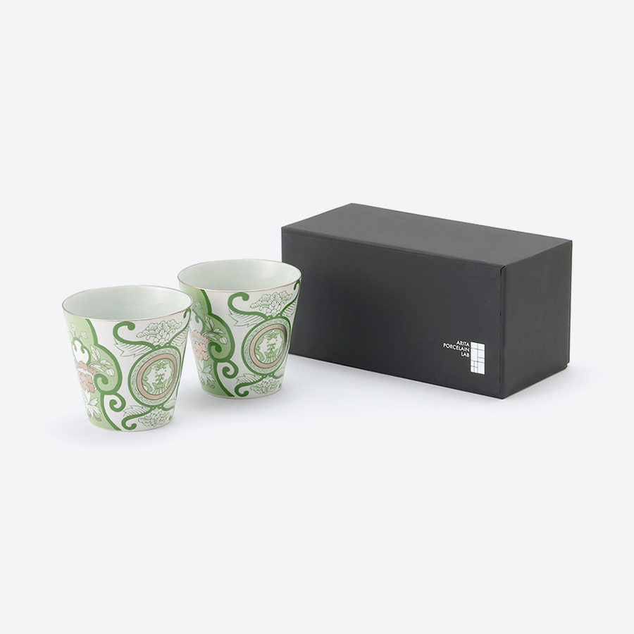 ＜アリタポーセリンラボ＞ペアロックカップ　JT古伊万里草花紋　グリーン