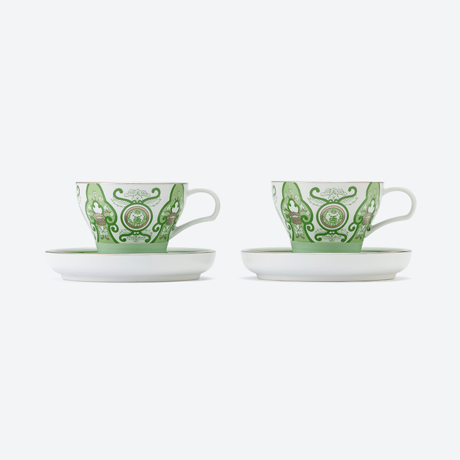 ＜アリタポーセリンラボ＞ペアカップ&ソーサー　JT古伊万里草花紋　グリーン