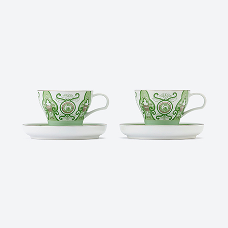 ＜アリタポーセリンラボ＞ペアカップ&ソーサー　JT古伊万里草花紋　グリーン