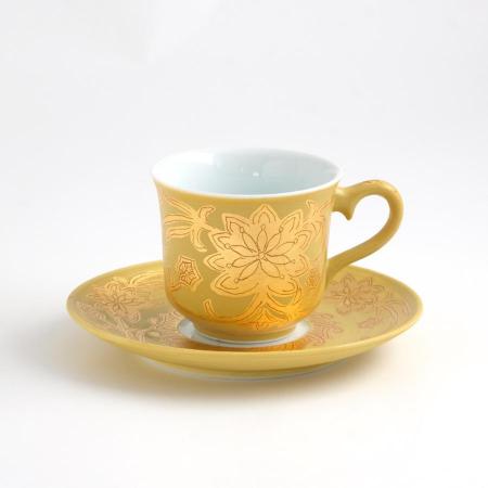 ＜琥山窯＞金彩唐草（黄色）コーヒー碗皿