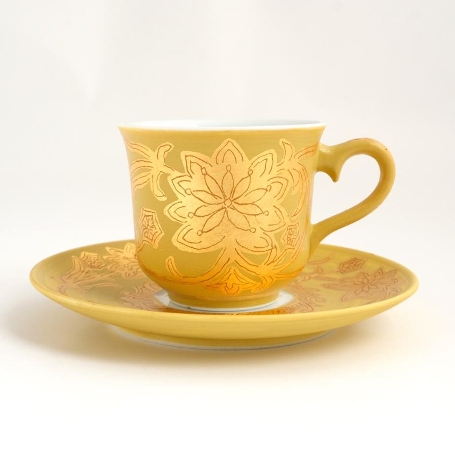 <琥山窯>金彩唐草(黄色)コーヒー碗皿
