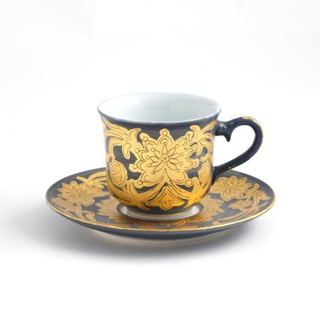 ＜琥山窯＞金彩唐草（青色）コーヒー碗皿