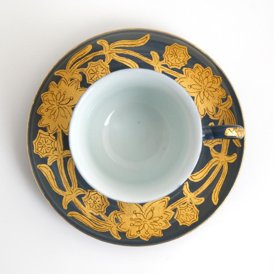 <琥山窯>金彩唐草(青色)コーヒー碗皿