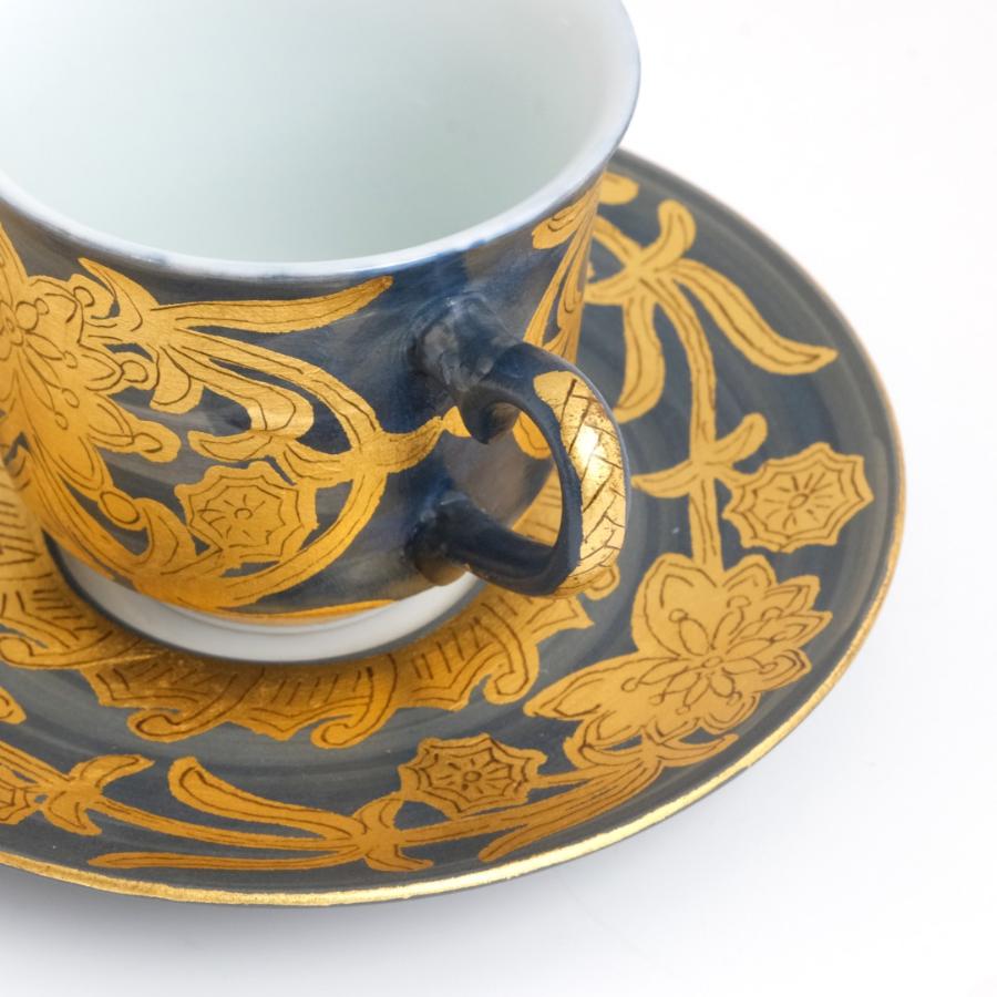 <琥山窯>金彩唐草(青色)コーヒー碗皿
