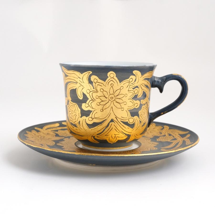 <琥山窯>金彩唐草(青色)コーヒー碗皿
