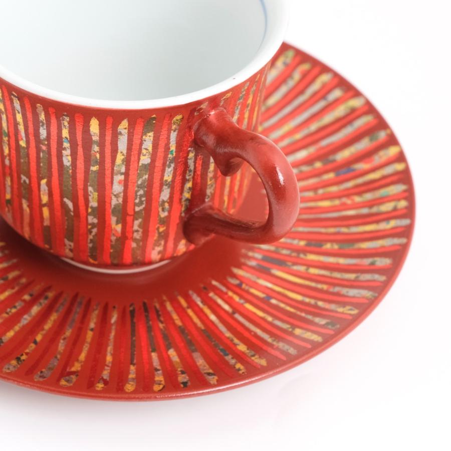 <琥山窯>金彩しのぎ十草(赤色)コーヒー碗皿