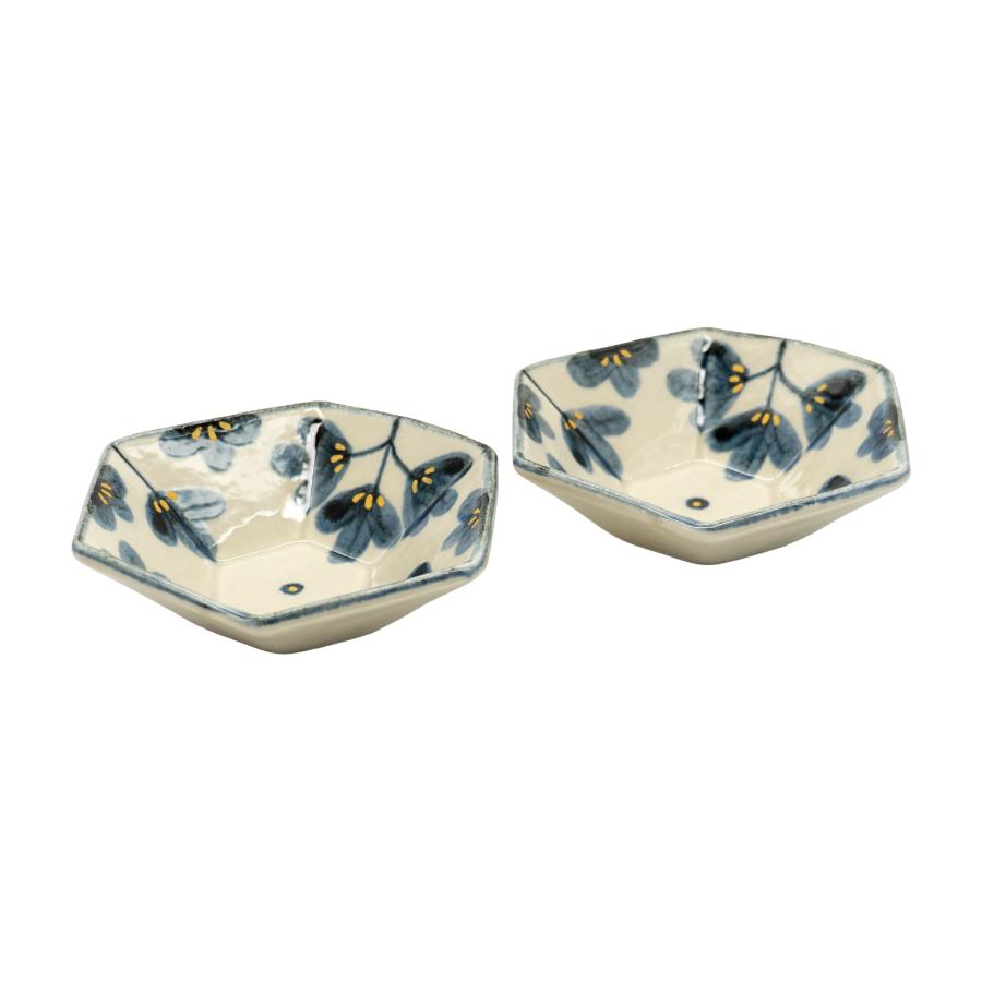 ＜有田焼 喜鶴製陶＞ 草花紋 六角豆鉢 2点セット
