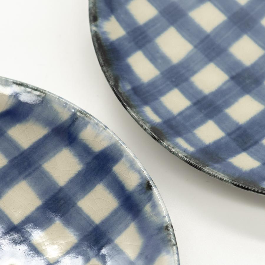 ＜有田焼 喜鶴製陶＞ チェック ブルー 15cmプレート 2点セット