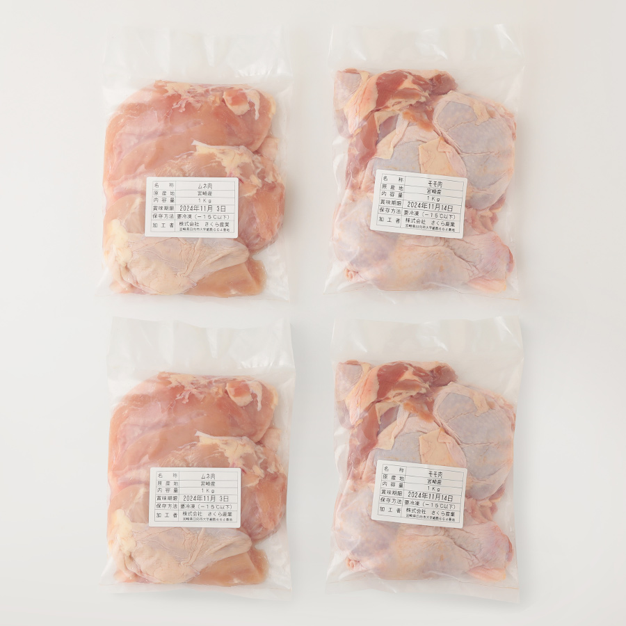 宮崎県産若鶏もも肉・むね肉各2kgセット