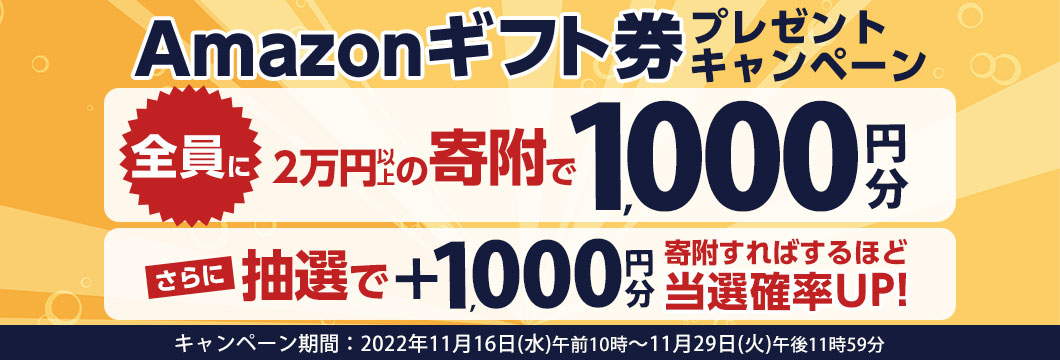 合計2万円以上の寄附でAmazonギフト券1,000円分プレゼントキャンペーン