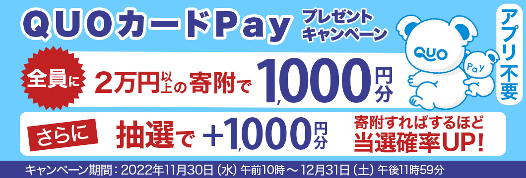 合計2万円以上の寄附＆エントリーでQUOカードPay1,000円分プレゼントキャンペーン