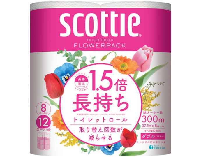 スコッティフラワーパック1.5倍長持ち8ロール（ダブル）8 ロール8パック（64ロール）
