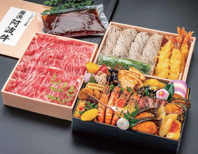 <ふじや>「年末年始」特製3 種セット(「おせち」・年越し「海老天蕎麦」・阿波牛「しゃぶしゃぶ用サーロイン」/4人前)