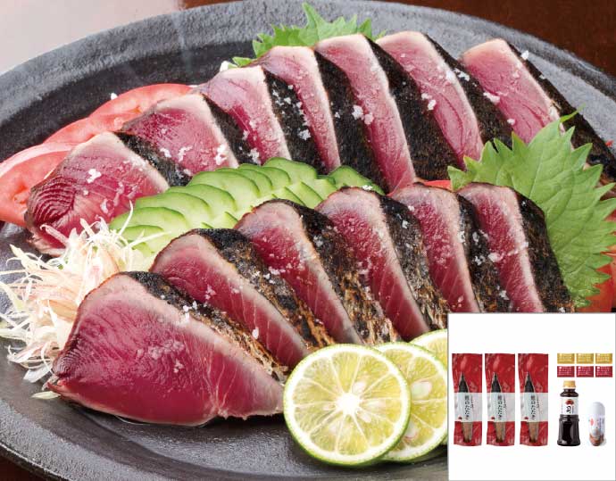 ＜土佐料理 司＞鰹の塩たたき3本セット（ゆずポン酢、薬味付）