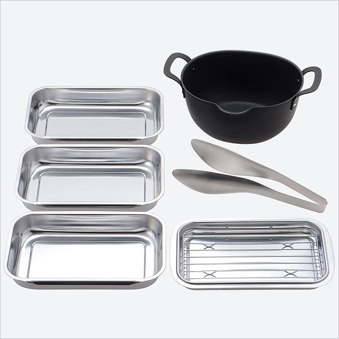 鉄製揚げ鍋・ステンレス連結バット(フタ、アミ付き)・<aikata/アイカタ>トング 3点セット