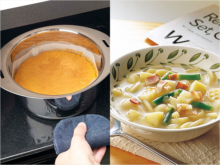 お菓子の調理とマカロニ野菜スープのイメージ