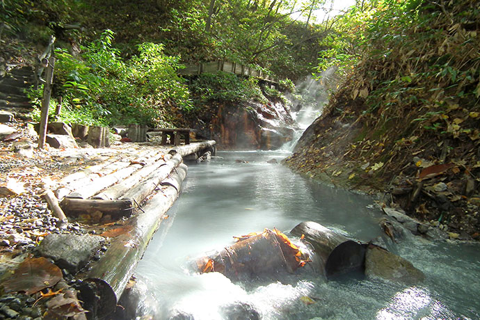 大湯沼からあふれ出たお湯が流れる川で天然の足湯を楽しめます♪