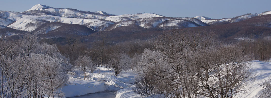 冬の朱太川と黒松内岳
