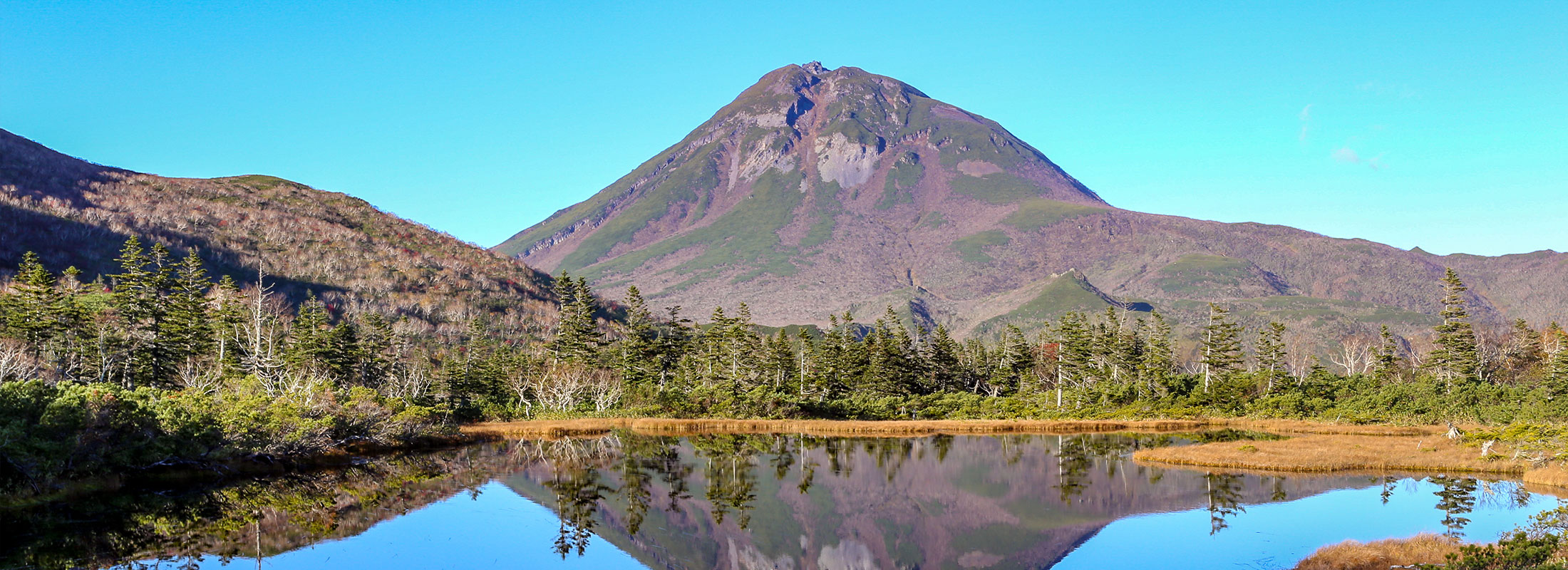 羅臼湖遊歩道の沼から映る「羅臼岳」
