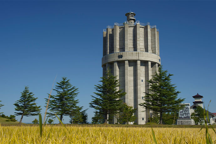 町内で一番高い建物である高架配水塔の足元には黄金色の田園風景が広がっている